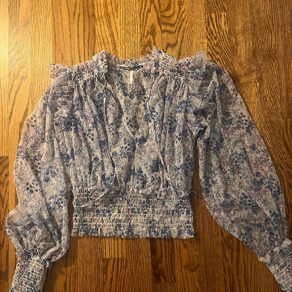 Free People Twyla Sheer Cropped Floral Tie Top – Purple Blue – Size XS - Picture 4 of 6
